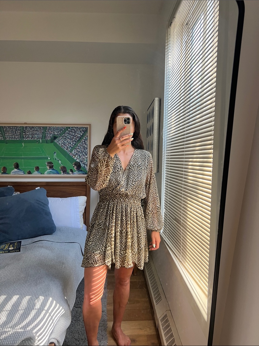 Zara Printed V‑Neck Long‑Sleeve Mini Dress in Beige and Black